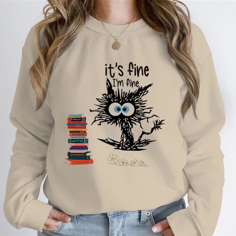 It's Fine I'm Fine Cat Sweatshirt, Unisex, Positivity Shirts, Cartoon Cat Cleaning Hoodies, PVD Funny Animal Lovers Hoodies