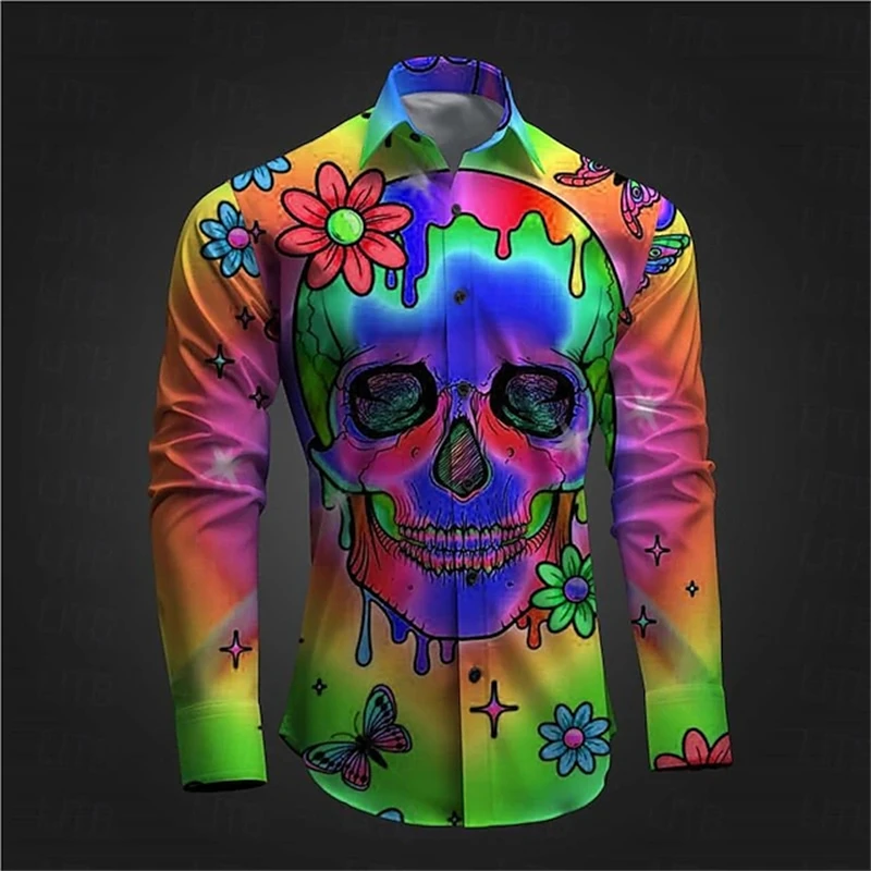 

Optical Illusion Skeleton Men's Subcultual Hippie Abstract 3D Printed Shirt Daily Wear Out Spring Turndown Long Sleeve Shirts