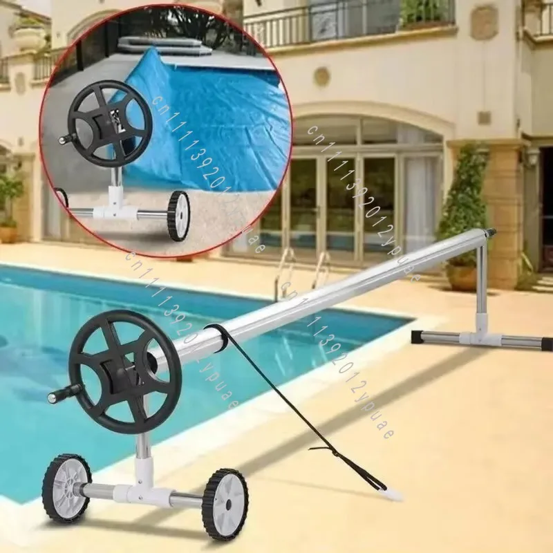 Black Movable Aluminum Pool Cover Roller with Wheels, Portable Solar Blanket Winding Reel for Indoor & Outdoor Swimming Pool