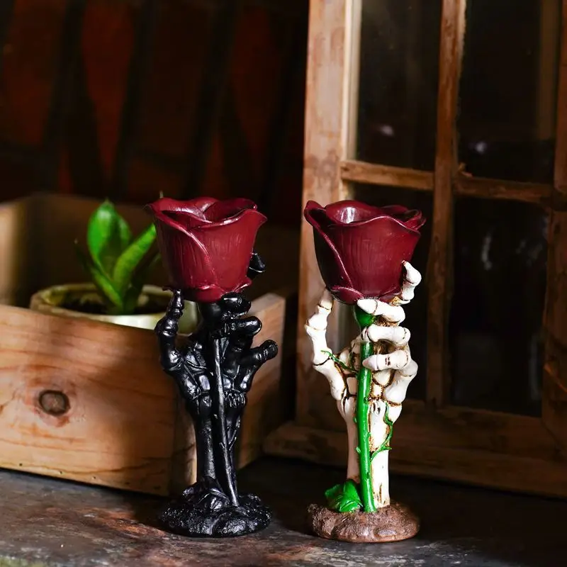 Halloween Skeleton Hand Rose Candlestick Decoration A Resin Home Retro Romantic Candlestick Atmosphere Decoration