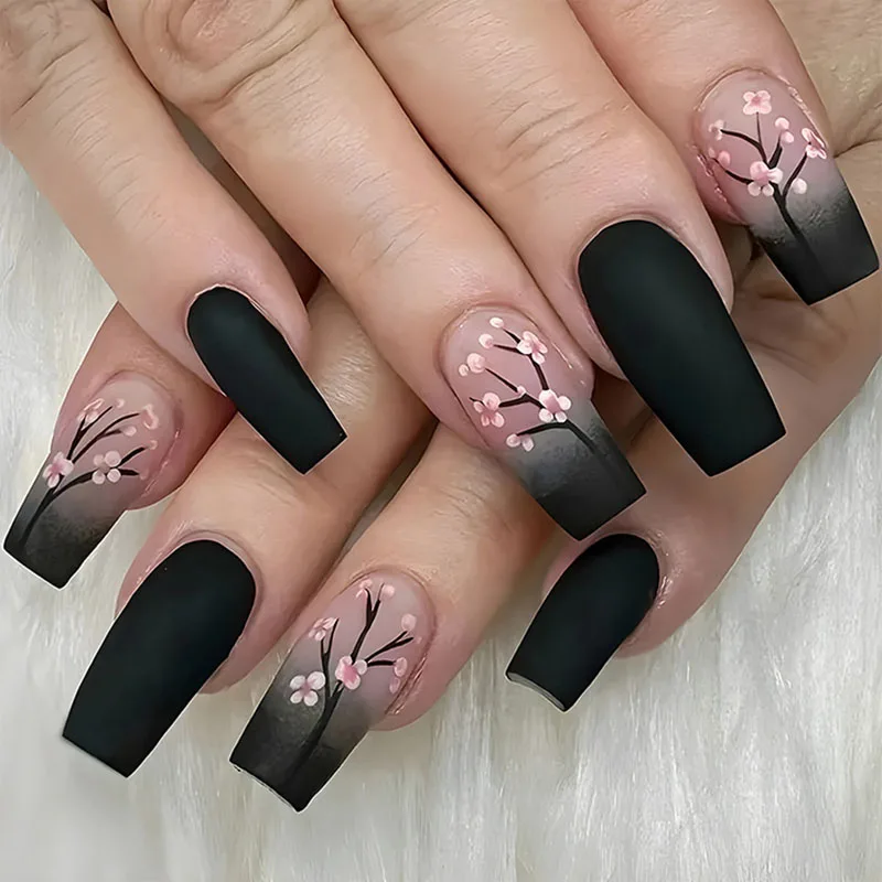 Square Fake Nails for Women DIY Pink Plum Blossom Designs French Press On Nails Wearable Full Cover False Nails for Party CF33