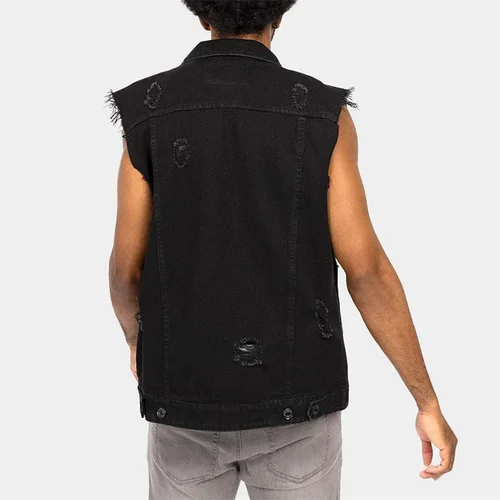 Imagen 2 del producto Chaleco vaquero con agujeros rotos estilo vaquero occidental, cárdigan informal con solapa para hombre, chalecos vaqueros para hombre, nueva chaqueta sin mangas con borde de corte crudo