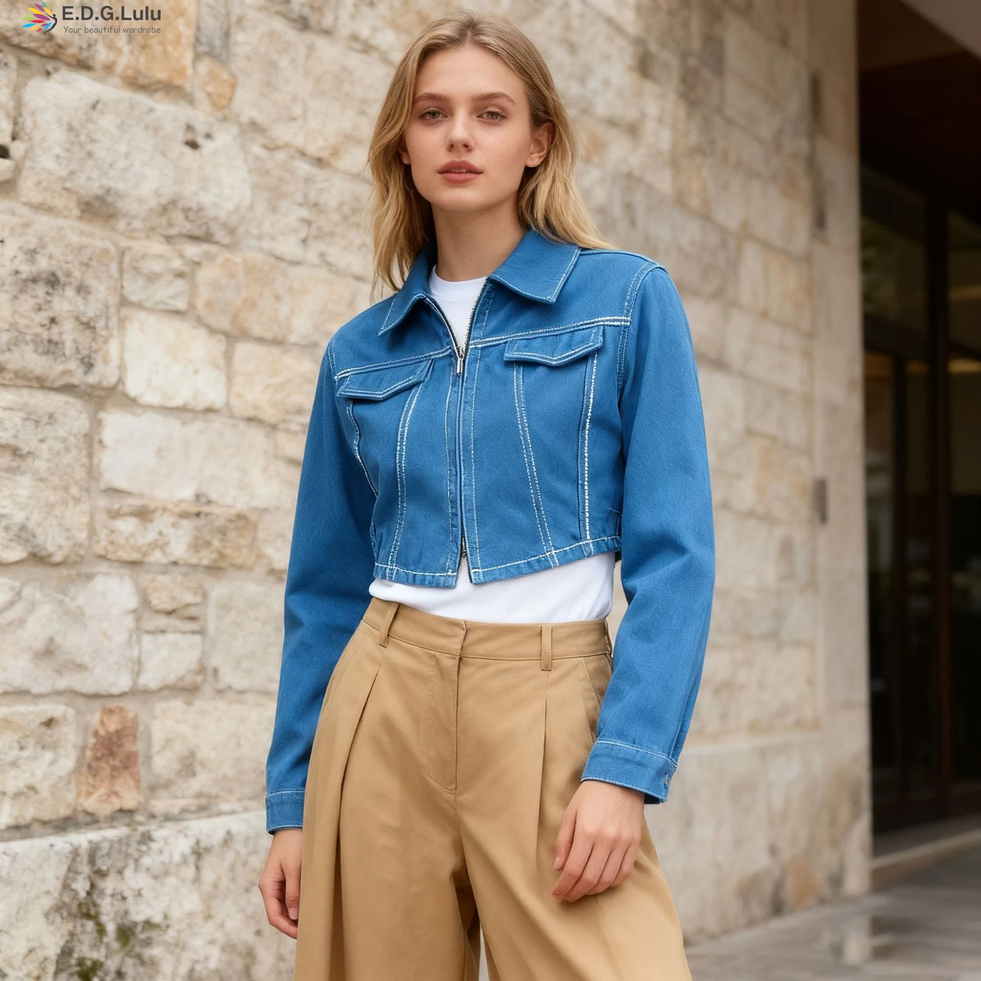 

EDGLuLu Fashion Casual Street Turn-Down Collar Zipper Short Denim Jacket Woman Long Sleeves Slim Fit Jean Jacket 1018