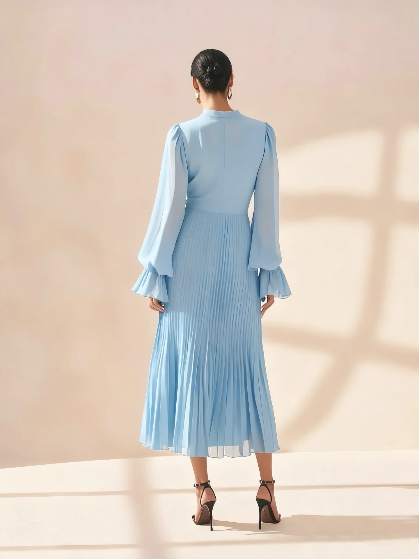 LGRQ 2026 Summer New Solid Color High Waist Dress With Ruffled Hem And Pleats Mid-Length Party Evening Gown