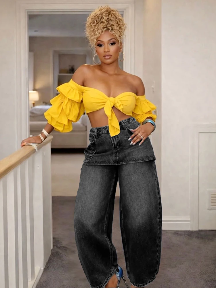 JENYAGE Women Trendy Layered Fashion Skirt Overlay Wide Leg Jeans High Waist Denim Pants with Pocket Streetwear Baggy Trousers