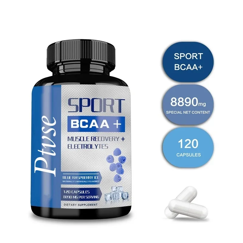 Las cápsulas de aminoácidos de cadena rama del suplemento deportivo BCAA mejoran los niveles de fuerza y energía, aumentan la masa muscular