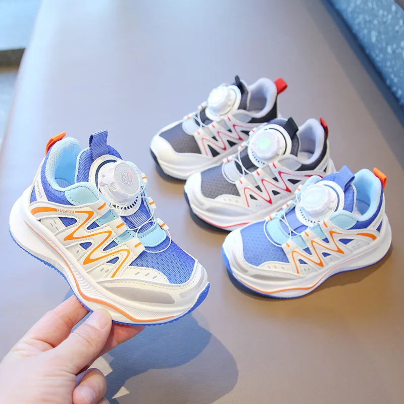 

Children's Sneakers2024Spring and Autumn Boy's Casual Shoes Rotating Button Girls' Running Shoes Breathable Baby Net Shoes Singl