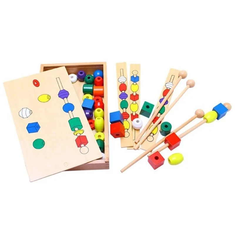 Montessori Educational Games Colorful Shape Stick Bead  Set Blocks Wooden Toys for Children Baby Brinquedo