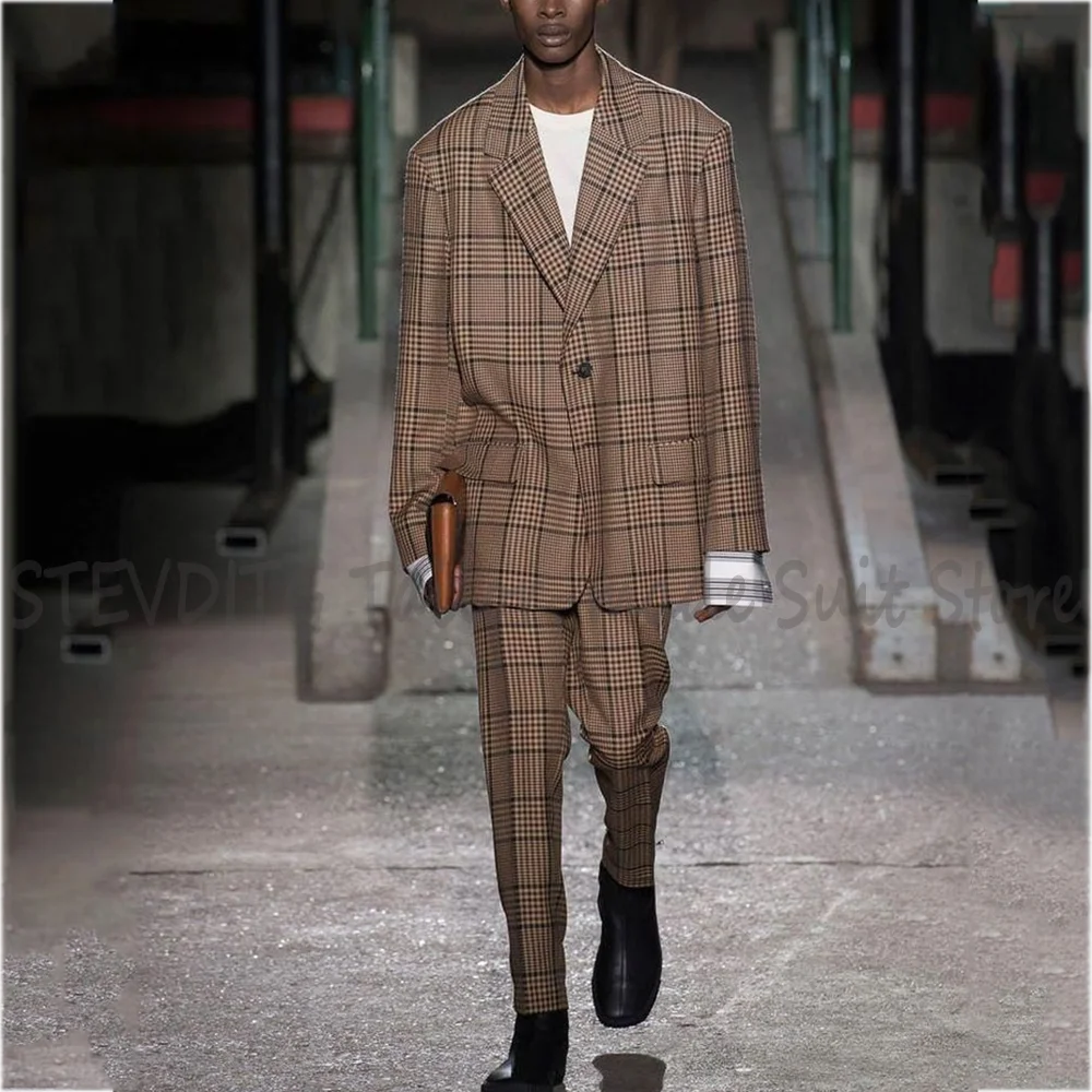 Customized Men's Two Piece Suit Classic Plaid Notched Lapel One Button Straight Fit Fashion Show Party Chic Outfit(Jacket+Pants)