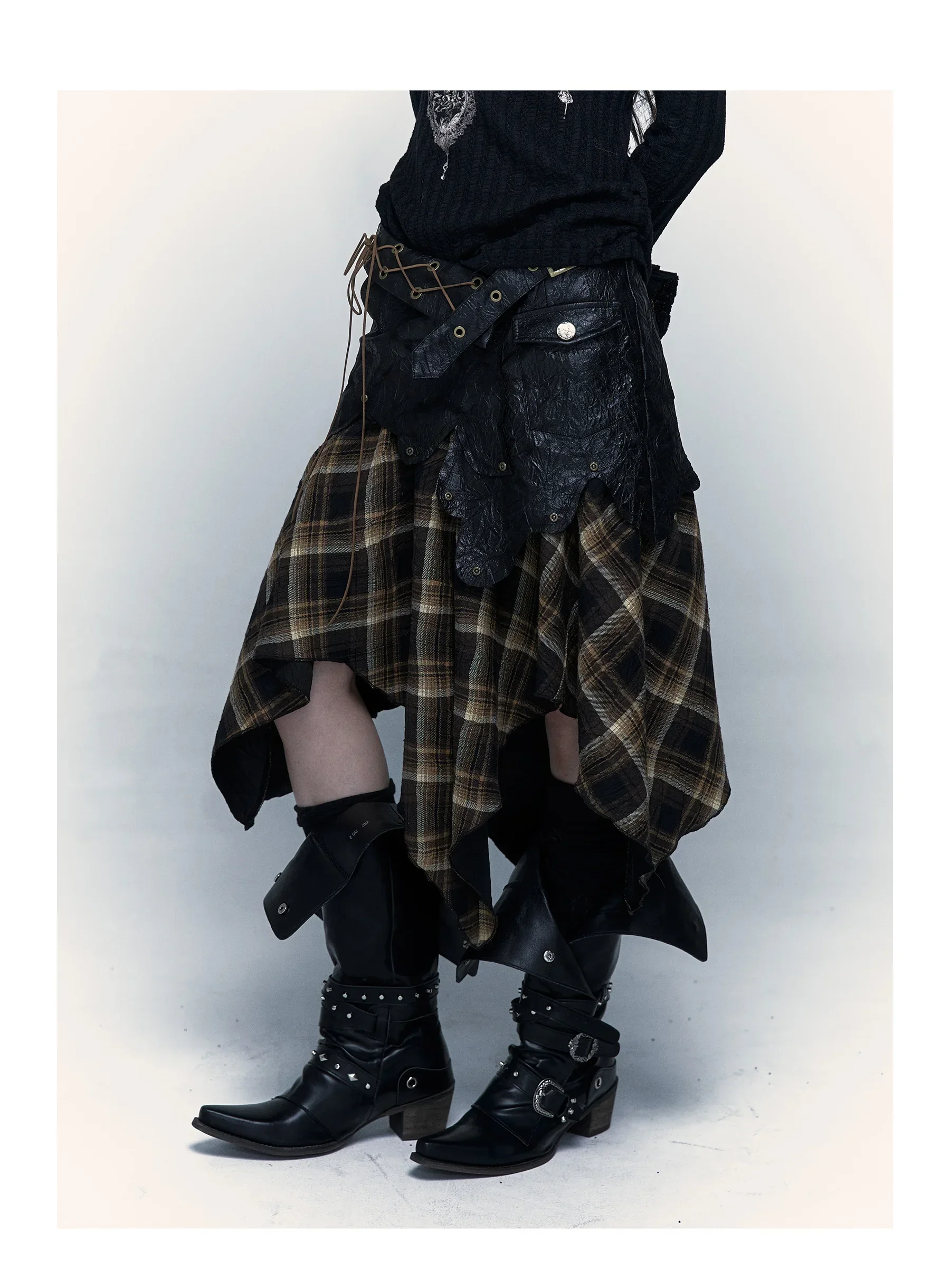 Gothic Harajuku Japanese Y2k Irregular Skirt Vintage Plaid Print Grunge Aesthetics Skirt Wasteland Punk Patchwork Chic Skirt 90s