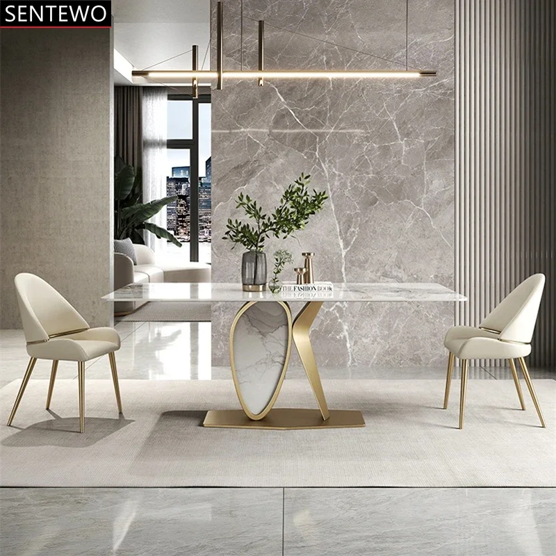 

Luxury Rock Slab Kitchen Dining Table 8 Dinner Chairs Metal Titanium Gold Base Faux Marble Table Chair Set Meuble De Cuisine