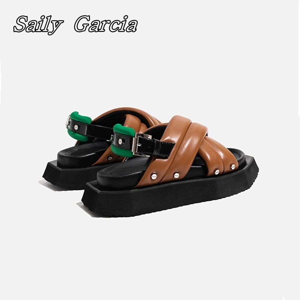 Genuine Leather Cross Belt Buckle Strap Flat Sandals Summer New Style Fashion Women Shoes Mixed Color Platform Hollow Shoes