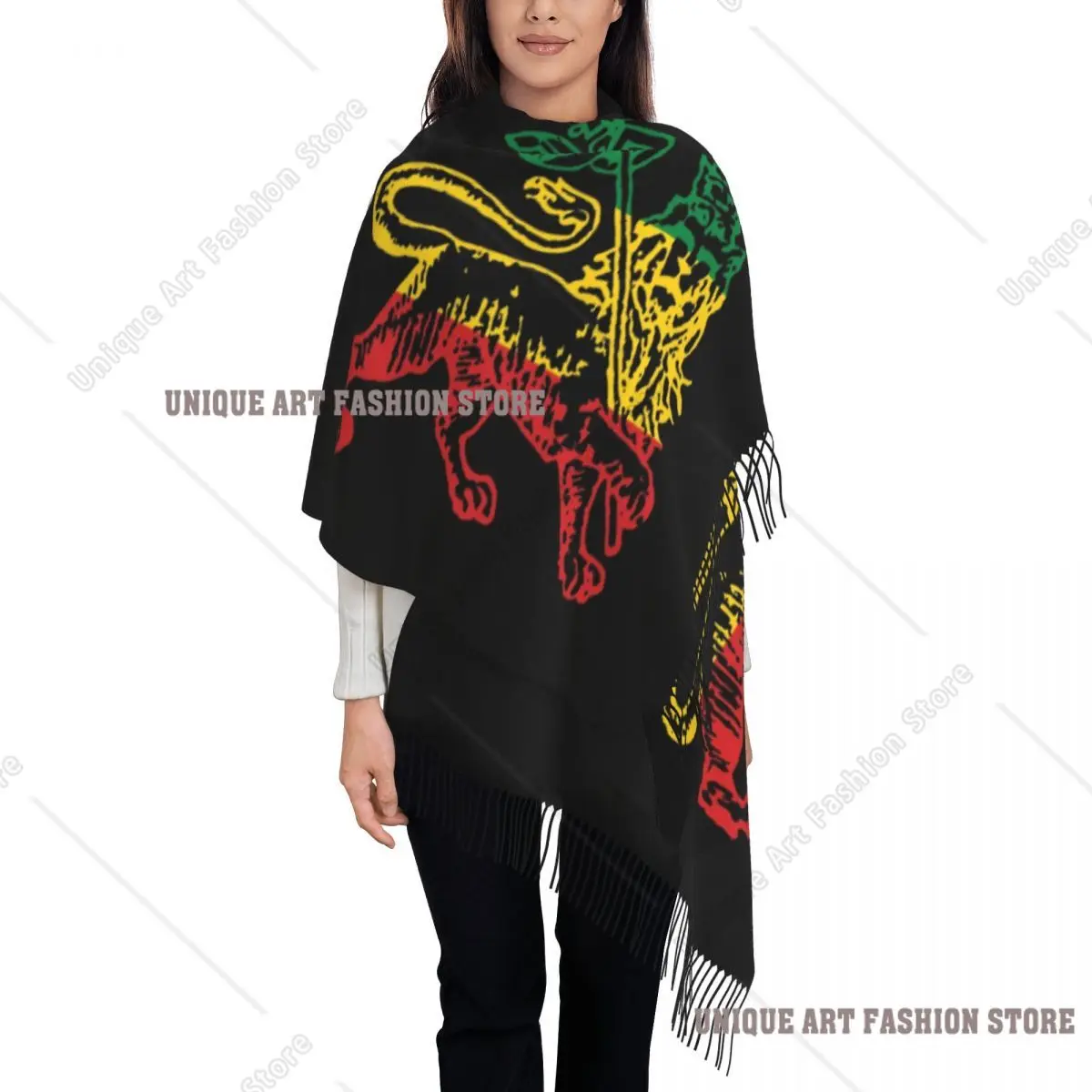 Fashion Lion Of Judah Flag Ethiopia King Selassie Rasta Tassel Scarf Women Winter Fall Warm Shawl Wrap Female Ethiopia Scarves