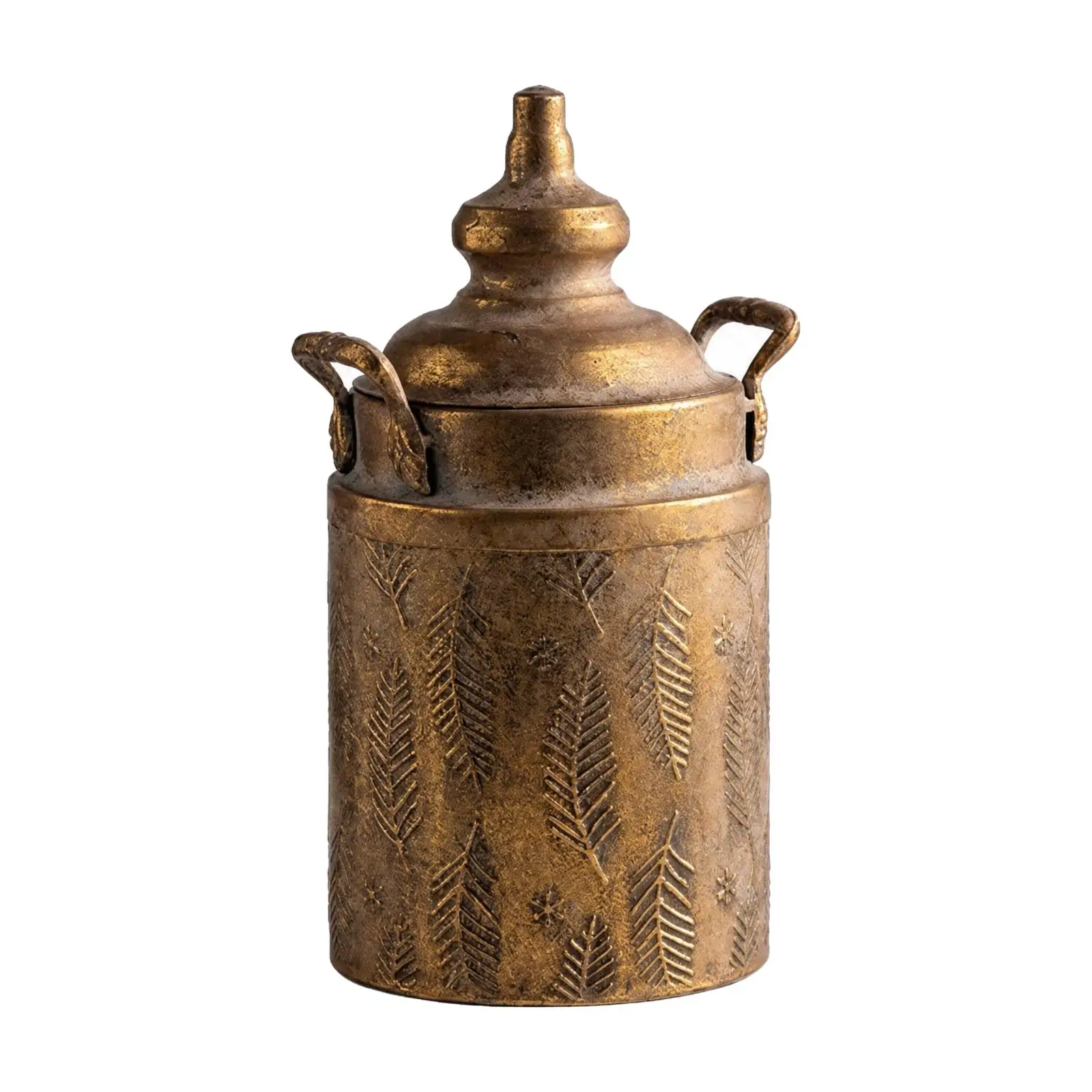 Vintage Iron Vase with Snug Lid Leaf Pattern Accent for Dried Floral Arrangements Entry Table Styling