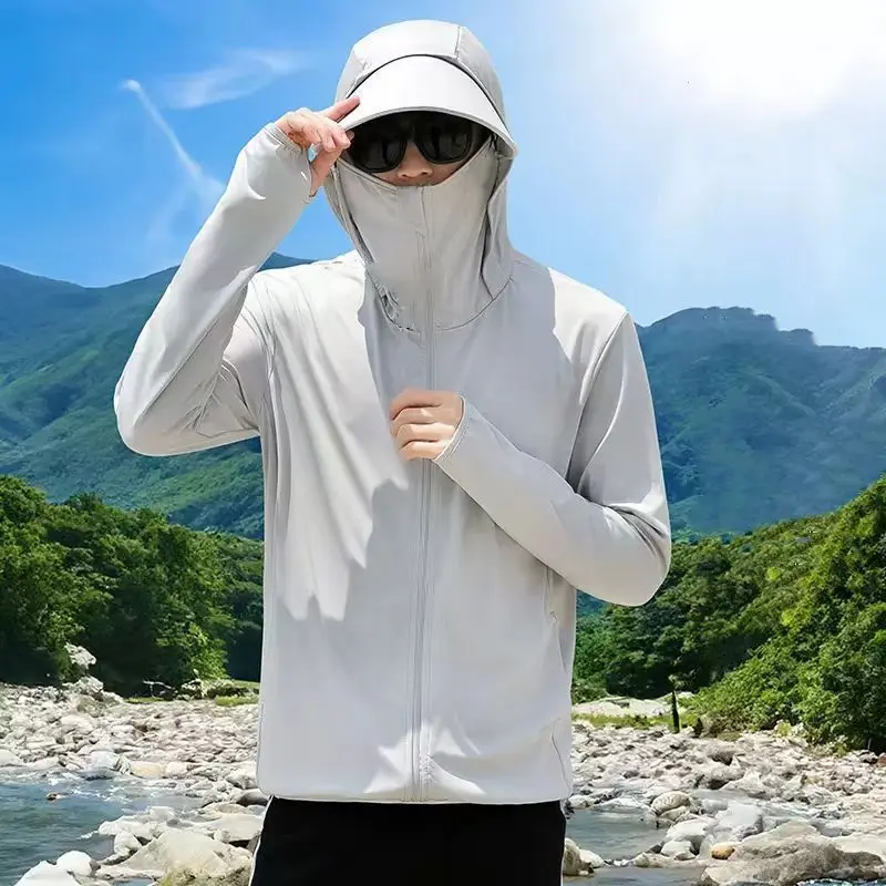Summer Ice Silk UV Protection Hooded Sun Shirt Jacket Men's Breathable Outdoor Fishing Casual Top