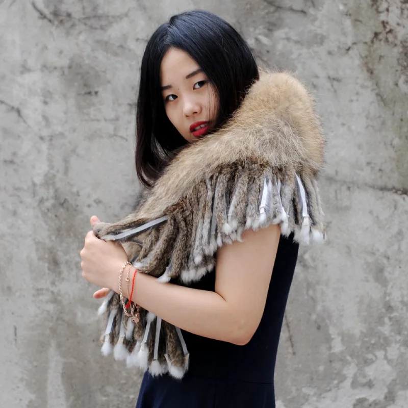 Natural Color Handmade Women Real Raccoon Fur Shawl with Rabbit Fur Fringes CX-B-60