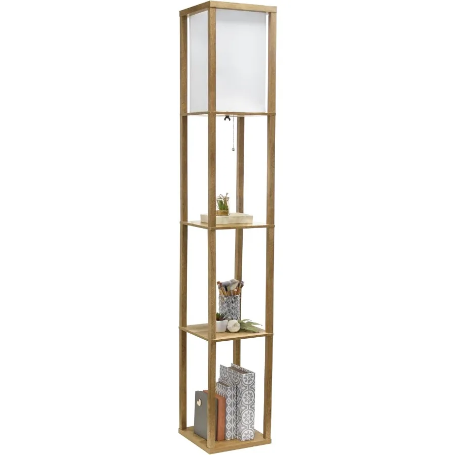 

LF1038WOD 62.5 Modern 3 Tier Standing Floor Lamp Etagere Organizer Storage Shelf with Linen Shade for Home Dr Living Room Bedro