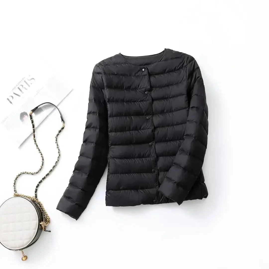 New Female Light Down Coat Women Liner Duck Down Jacket O-neck Variable V-neck 2024 Fall Collarless Light Quilted Puffer Coat