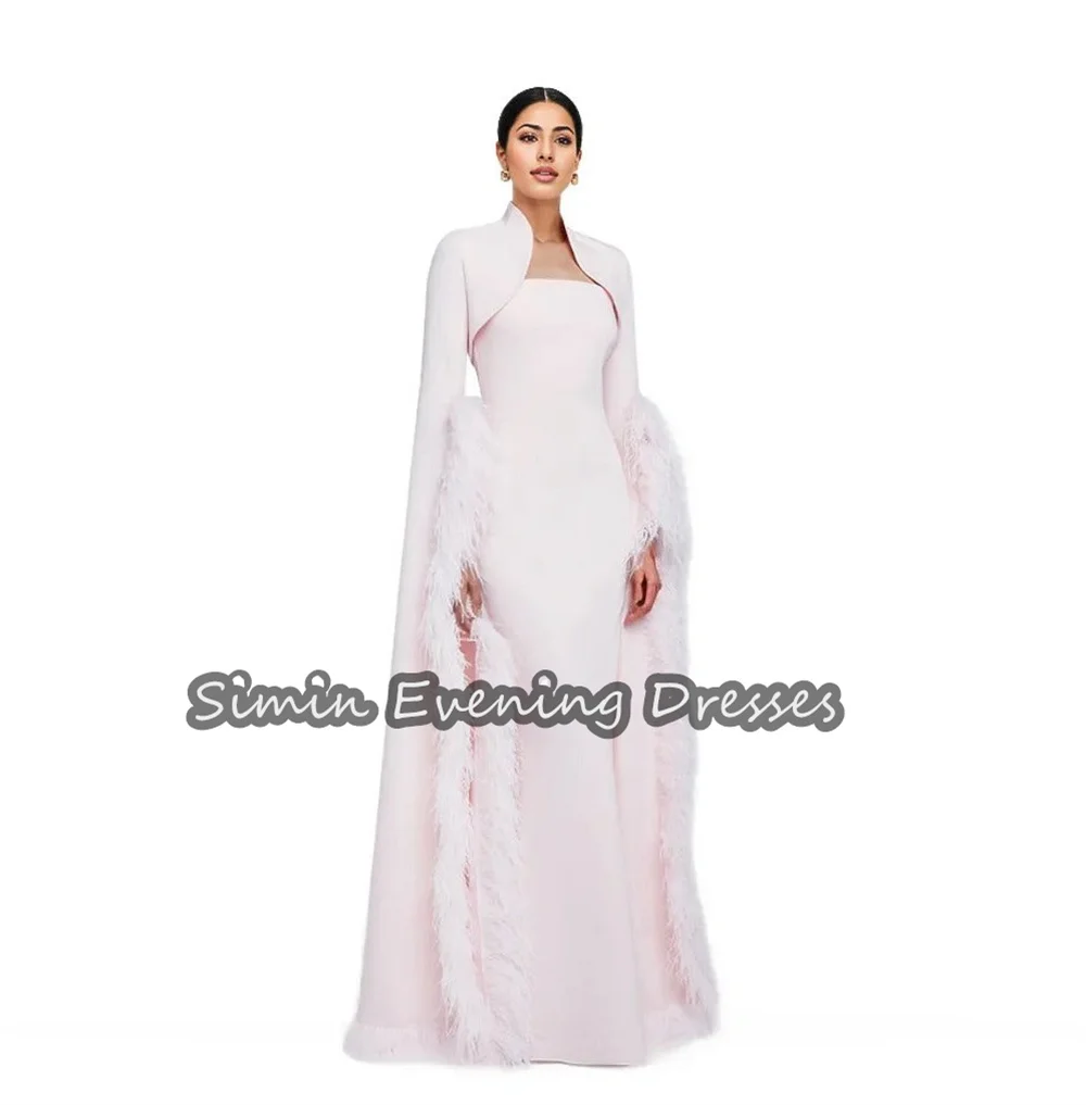 Simin Crepe Straight Boat Neck Feathers Saudi Ruffle Prom Gown Simple Floor Length Arab Evening Party dresses for women 2024