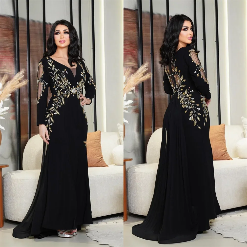 Customized Formal Dress Saudi Arabia Dearin V-neck A-line Floor Length Skirts Draped Tulle Embroidery Bespoke Occasion Dresses P