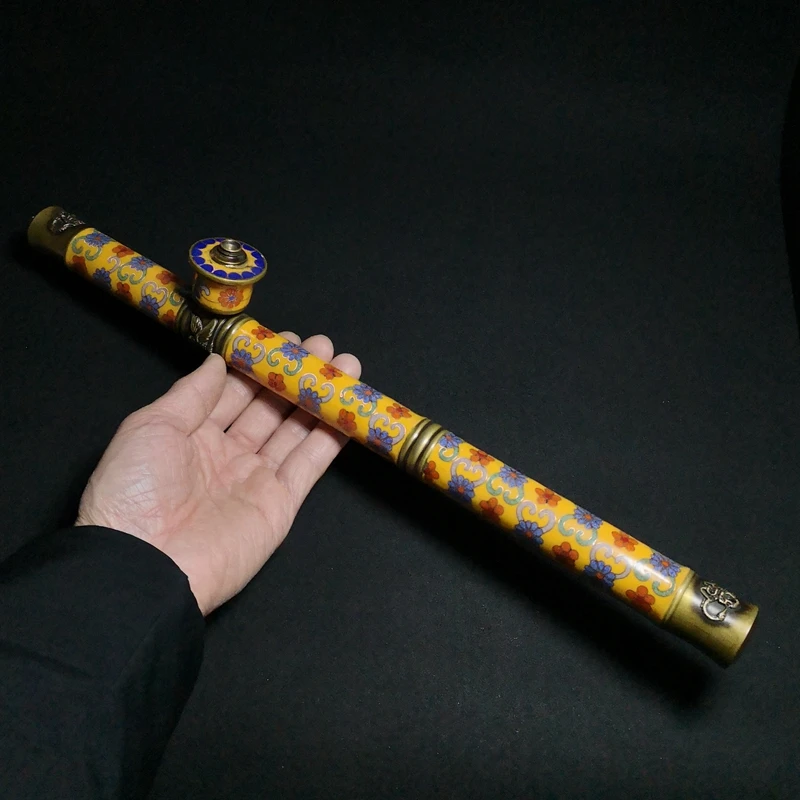 YIZHU CULTUER ART Size 42cm Chinese Brass Cloisonne Carving Inlay Dragon Eagle Flower Tobacco Pipe Decoration Collection