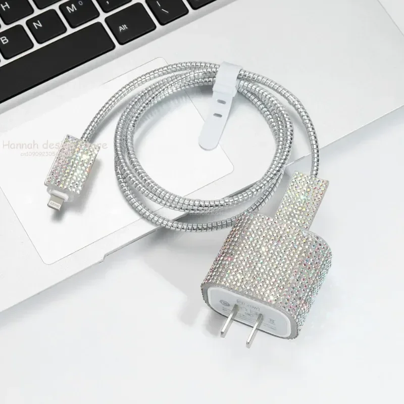 Charger Protector Sleeve for IPhone 15 14 13 Pro Max 18W 20W Charging Head Protection Glitter Crystal Sticker Protective Cover