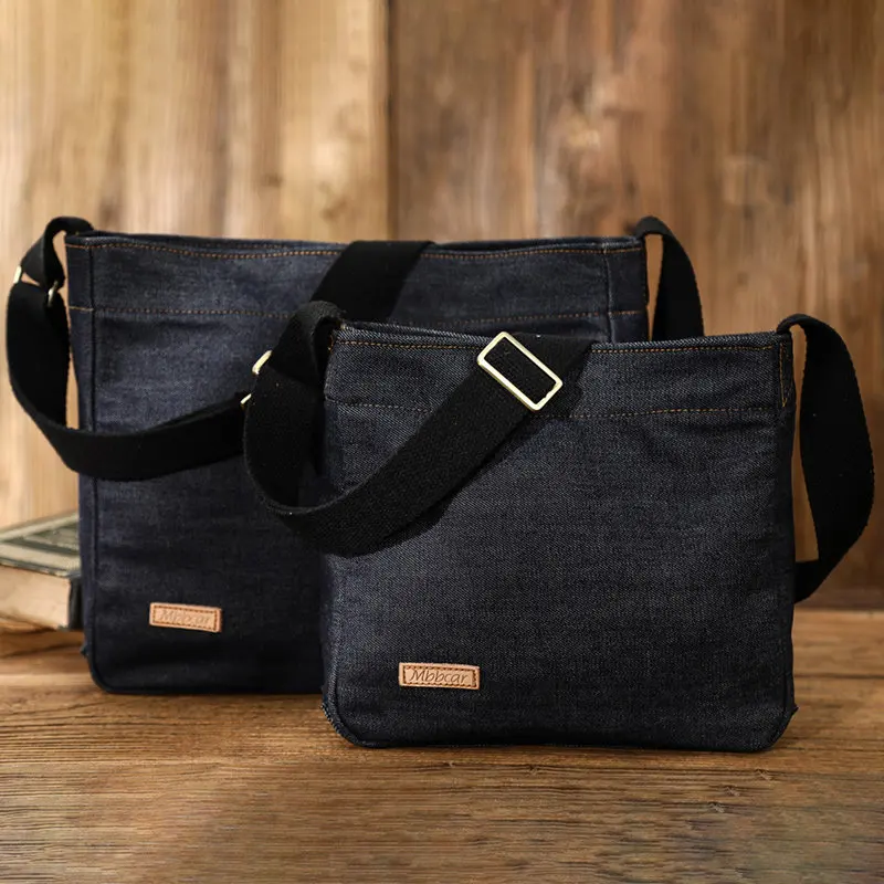 Vintage Men's Denim Blue Crossbody Bag Handmade Adjustable Snap Closure Shoulder Bag Square Casual Commuter Daily Sling Pouch