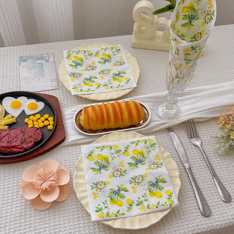 20Pcs Lemon Flower Printed Paper Napkins, 2-Ply Disposable Napkins for Baby Shower Birthday Party - Table Decor Tissue Supplies