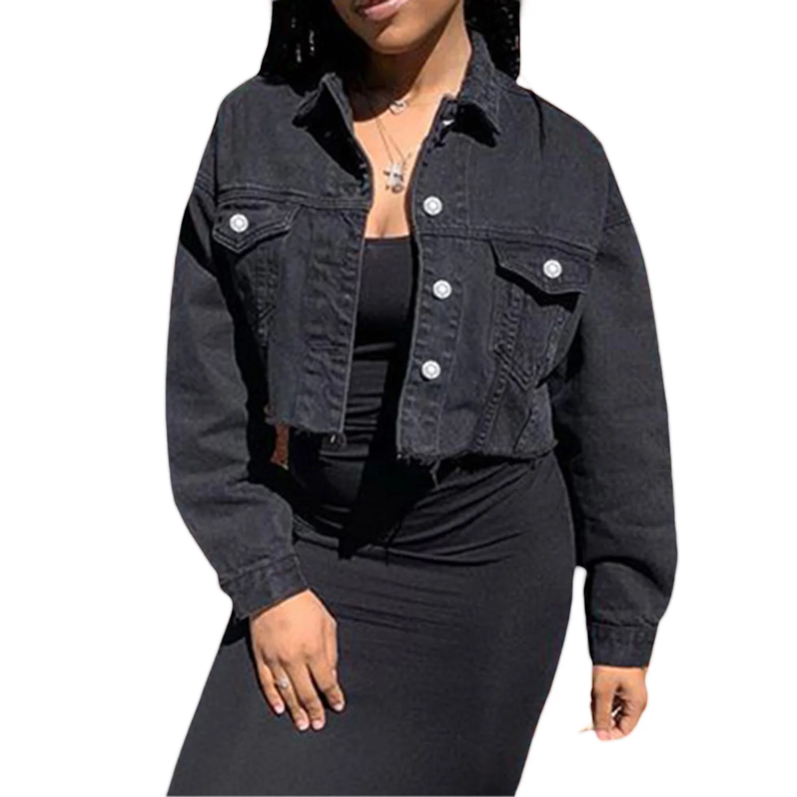 Dámský džínový krátký kabát, jednobarevný, s dlouhým rukávem, klopou, sako s knoflíky, opotřebovaný lem, zkrácený džínový kabát - náhled 2