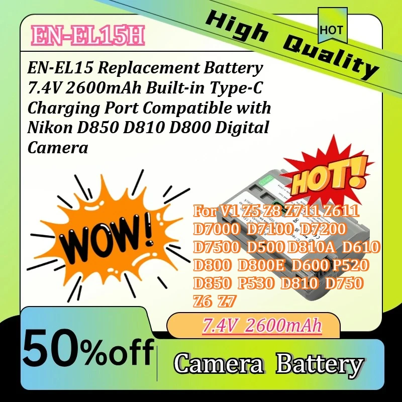 

2600mAh EN-EL15 Replacement Battery Type-C Charging Port Compatible with Nikon D800 D810 D850 7.4V