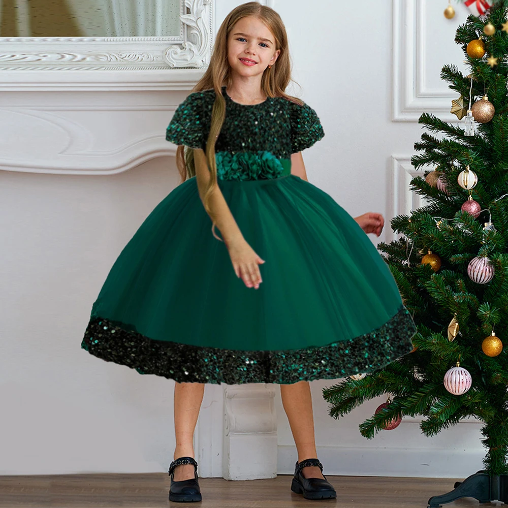 3-10Yrs Christmas Party Sequins Girls Dress Green Flower Birthday Wedding Princess Kids Dresses for Girl Bridemaids Evening Gown