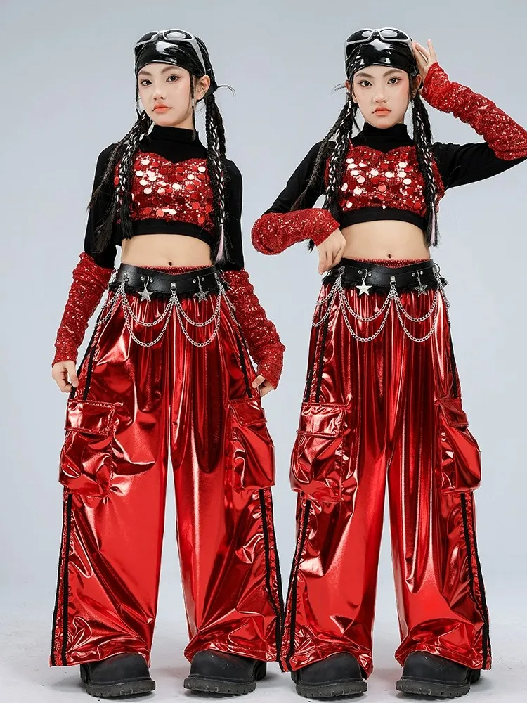 

Костюм для джазовых танцев для девочек: яркий топ с пайетками и юбка, комплект для выступлений, уличная мода, детская одежда для вечеринок