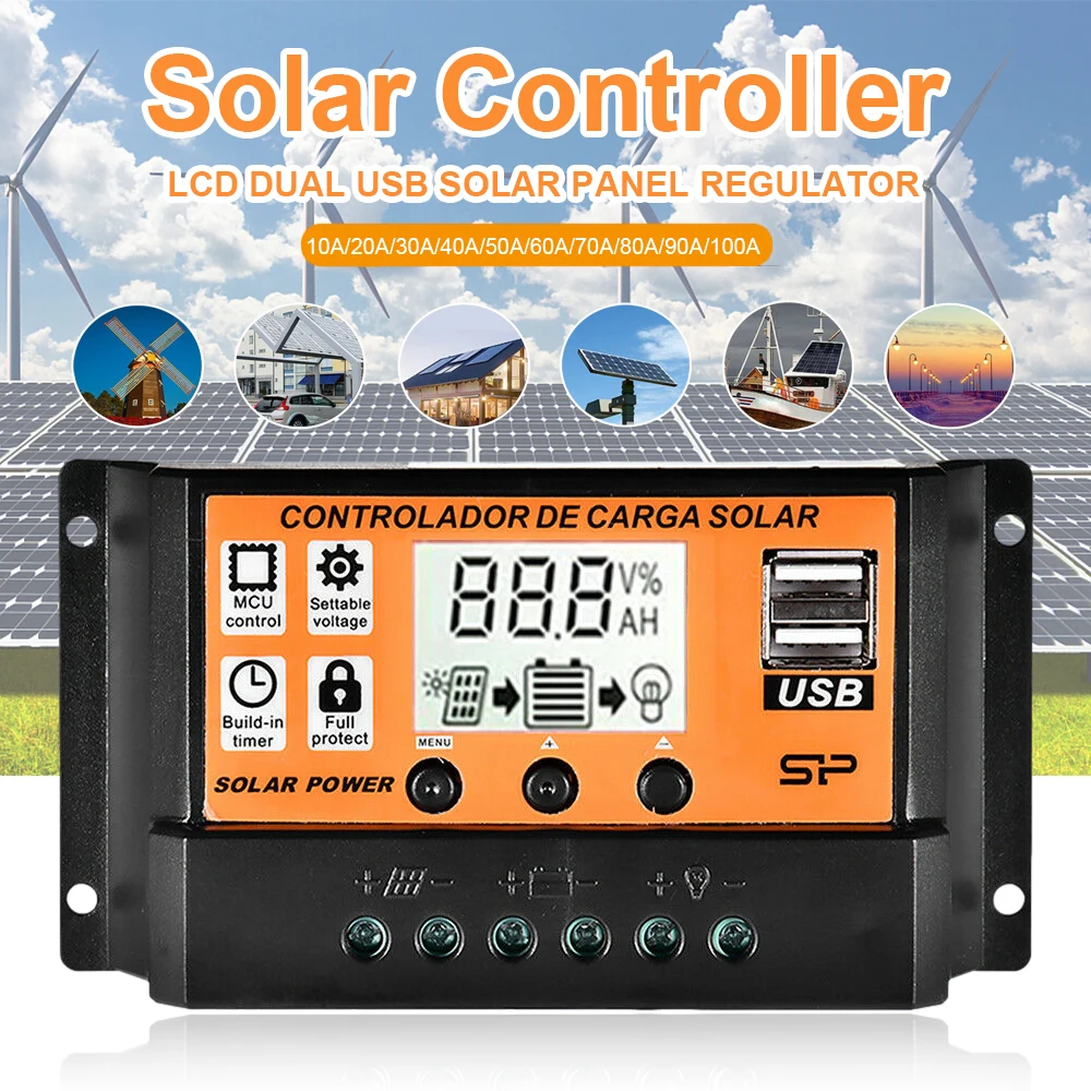 10~100A Dual USB Solar Controller LCD Display Solar Battery Regulator Real Time Display Temperature/Charge/Discharge Current