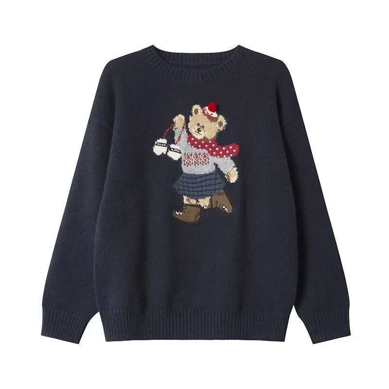 Cute Bear Knitted Sweater Women Spring Autumn Sweet Casual Pullover Loose Cashmere High Quality Korean Hooded Jumpers 2024 New