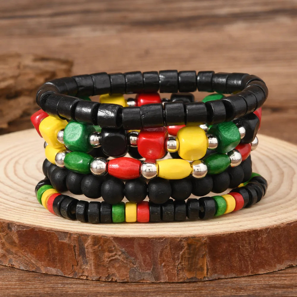 Heißverkauftes handgefertigtes Herren-Perlenarmband, rot, gelb, grün, mehrschichtiges Stretch-Armband aus Holzperlen