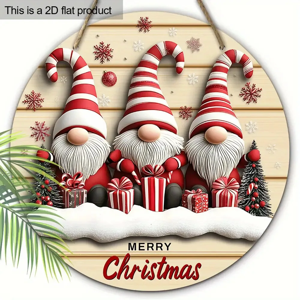 2D Flat, 2D Flat 2D Flat Artificial Regenerated Wood Christmas Elf Ornament - 3 Santa Claus, Red Poinsettia & Snowflakes, Joyful