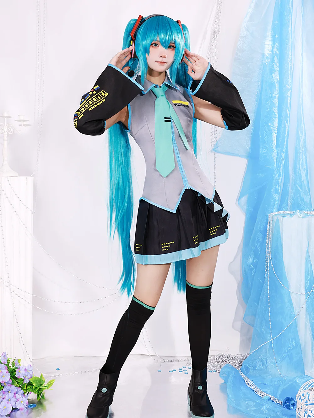 Anime Miku Cosplay Costume Wig Headwear Full Set Props Miku Cosplay Accessories Halloween Party Outfit for Women Girls