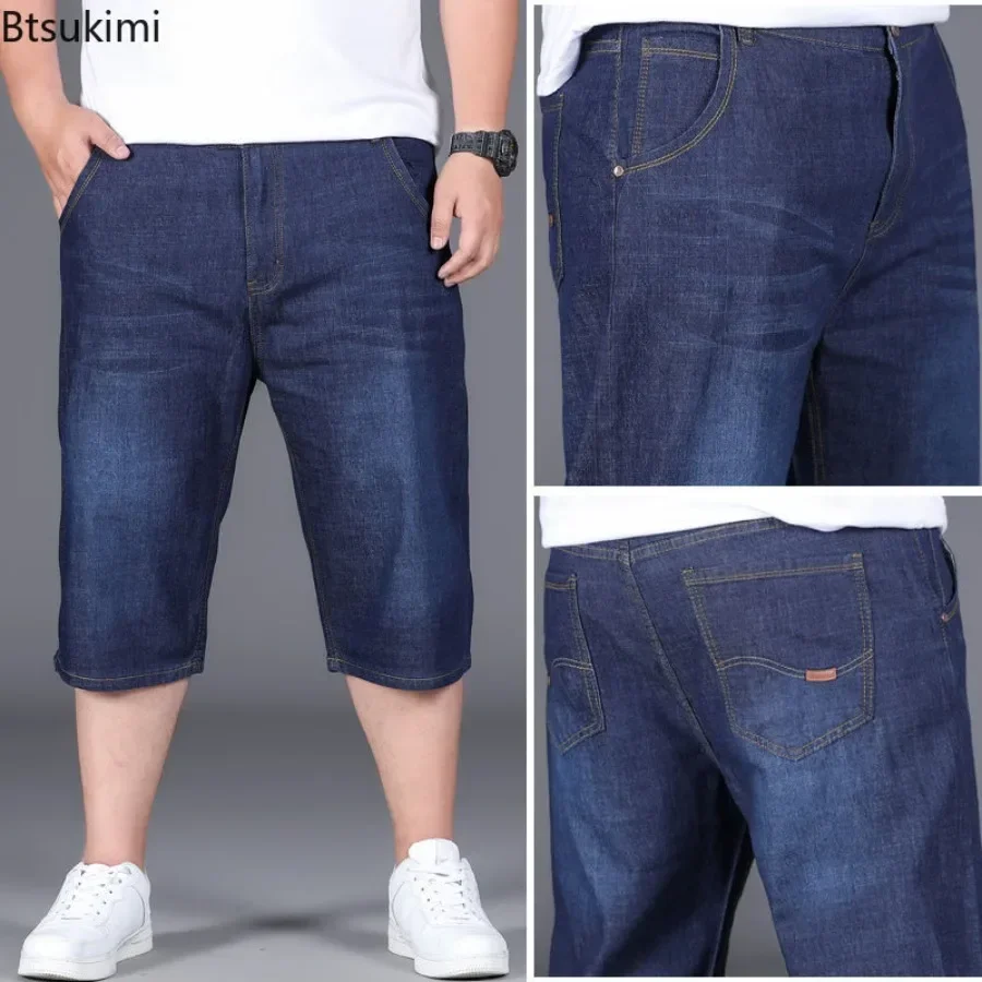 Pantalones cortos vaqueros finos de talla grande 28-50 para hombre, pantalones vaqueros cortos informales holgados de alta elasticidad, pantalones