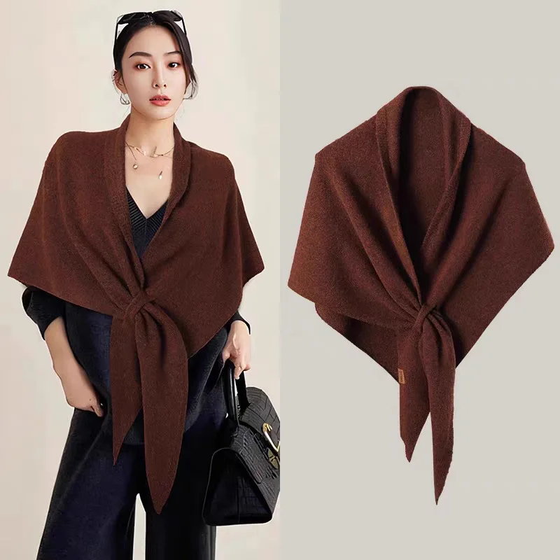 Korean New Solid Knit Shawl for Women Fall Winter Versatile Triangle Neck Wrap Scarf Minimalist Solid Color Warm Outerwear