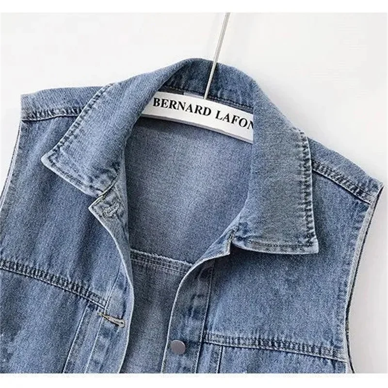 2024 Short Denim Vest Jackets Women Spring Autumn Pocket Jean Waistcoat Sleeveless Tank Schoolgirl Outerwear Casual Tops