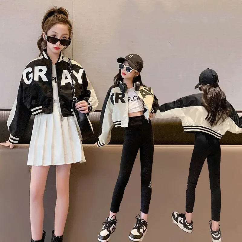 Autumn Casual Spring Girls Contrast Alphabet Zipper Crop Sweat Varsity Jackets School Kids Track Coats Child Outfit Tops 3-16Yrs