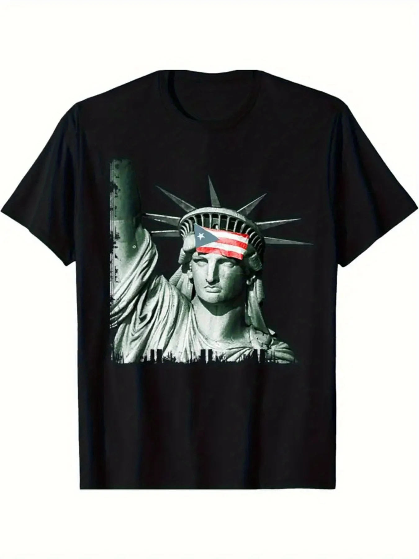 1 pcs, 100% Cotton, Puerto Rico Resistance Statue of Liberty Flag Pattern Monogrammed T-Shirt, Seasonal Casual