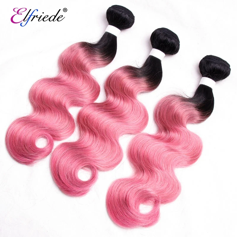 Elfriede #1B/Rose Pink Body Wave Precolored Hair Bundles with Closure 100% Human Hair Wefts 3 Bundles with Lace Closure 4x4