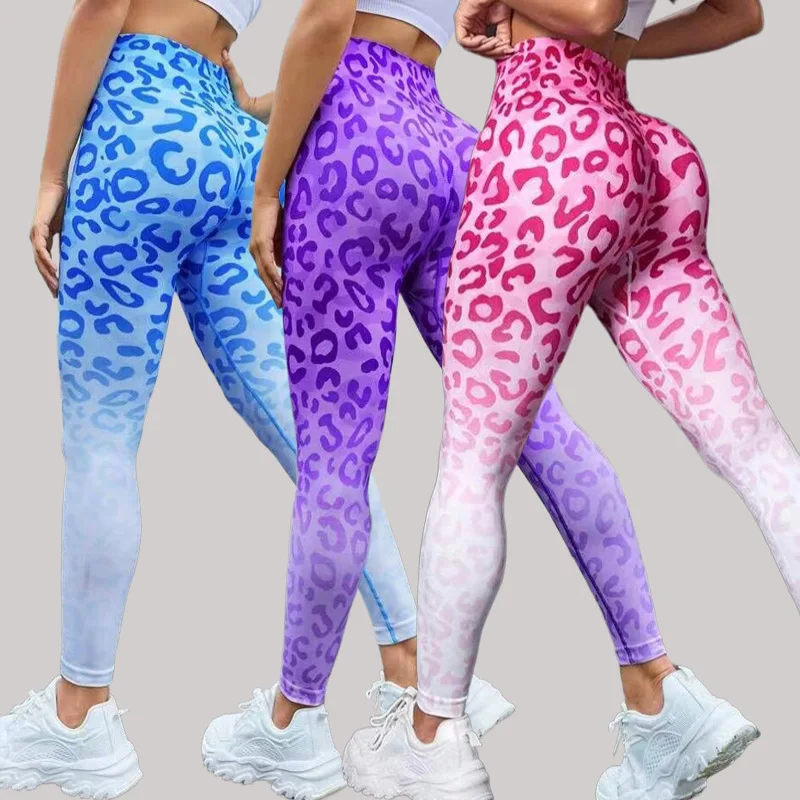 Women Fashion Gradient Tie Dye Leopard Printed Yoga Sport Running Pants High Waisted Stretchy Fitness Workout Leggings