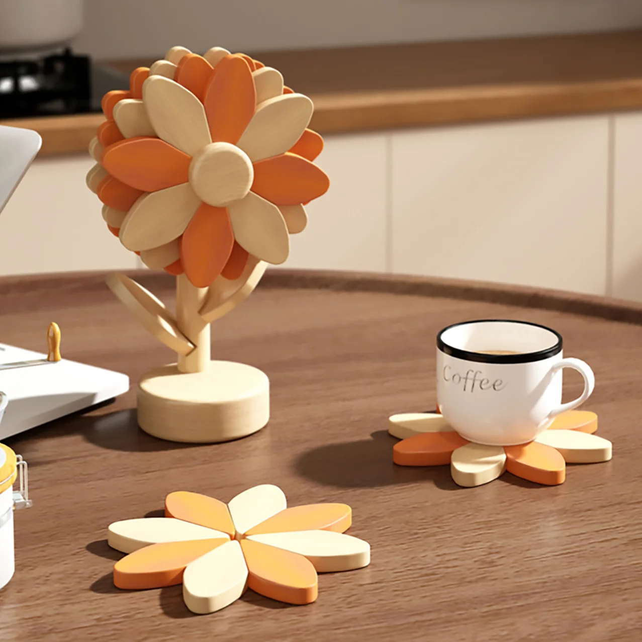 

Cute Sunflower Heat Resistant Coasters Set Rubber Wood Large 13cm Trivet for Pot Mug Home Kitchen Decor Gift