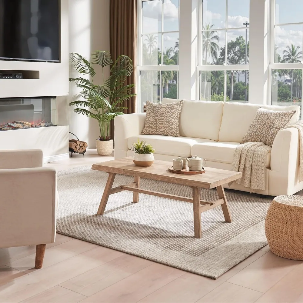 43 طاولة قهوة من الخشب الصلب للمزرعة، طاولة مركزية مستطيلة ريفية لغرفة المعيشة، طبيعية #3