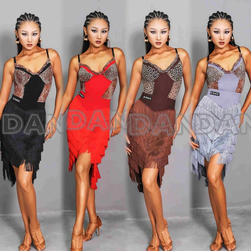 

Summer Women'S Samba Latin Dance Clothing Sexy Leopard Top Fringed Skirts Adults Rumba Chacha Latin Dance Costumes SL13308