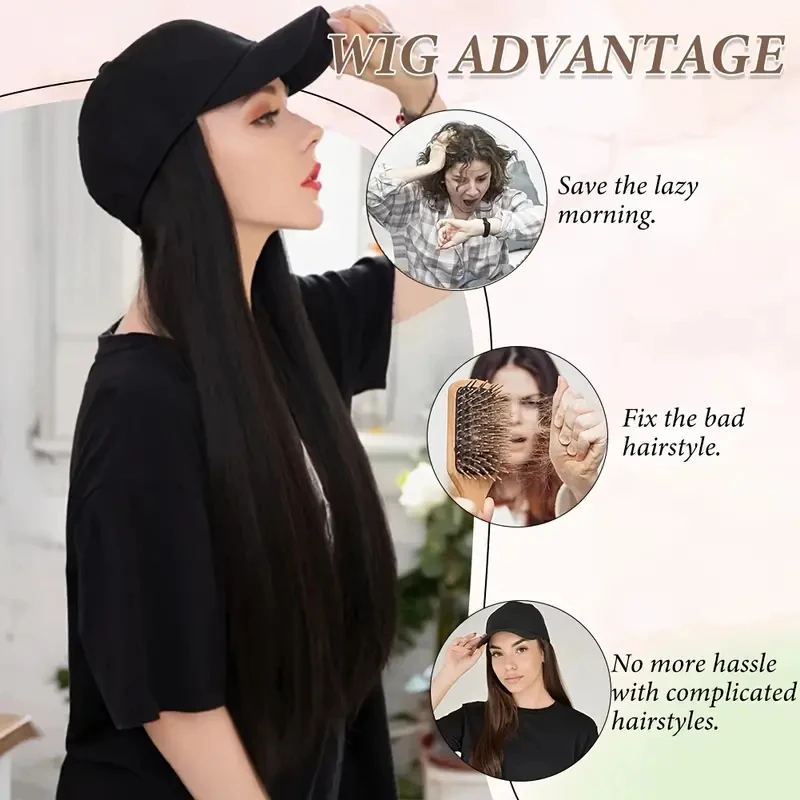 Black duckbill hat straight hair hat wig synthetic fiber wig women's wig easy to wear for daily use when going out