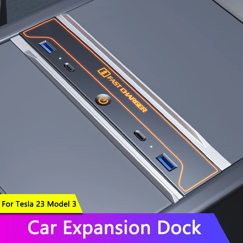 

QHCP Car Expansion Dock 27W Fast Charging USB Type-C Phone Docking Station LED Light For Tesla Model 3 2023 Interior Accessories