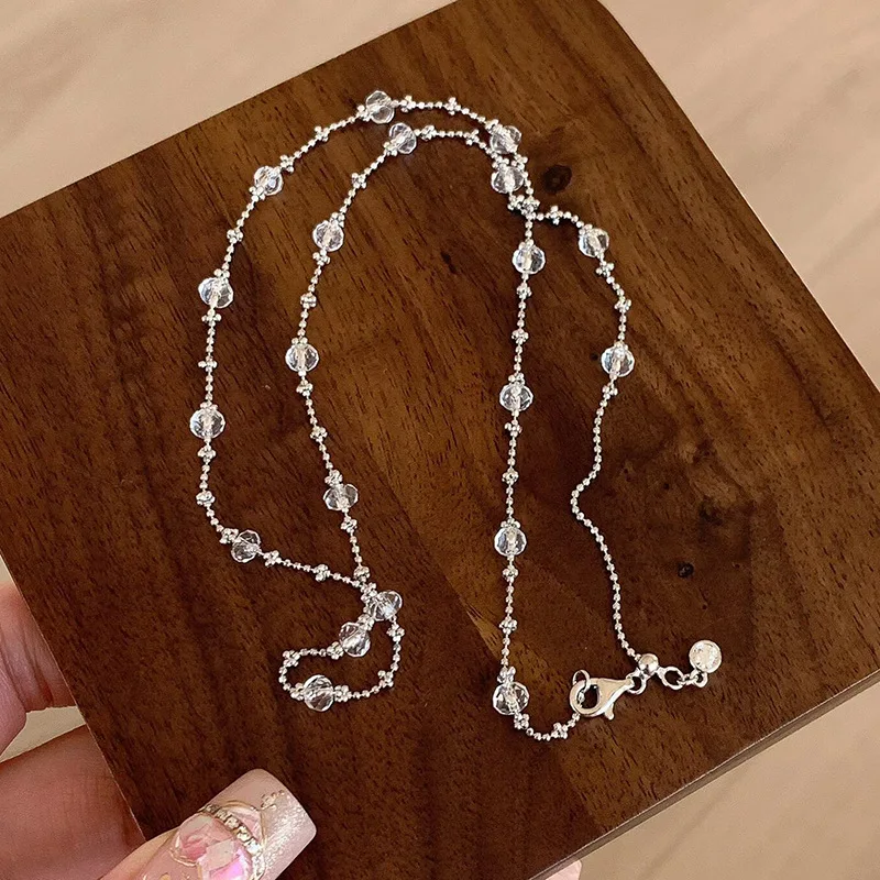 Creative round bead fine chain white crystal stacked sweater chains light luxury high-end collar bracelet jewelry gift